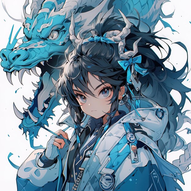une fille en kimono bleu avec un dragon sur la tête
