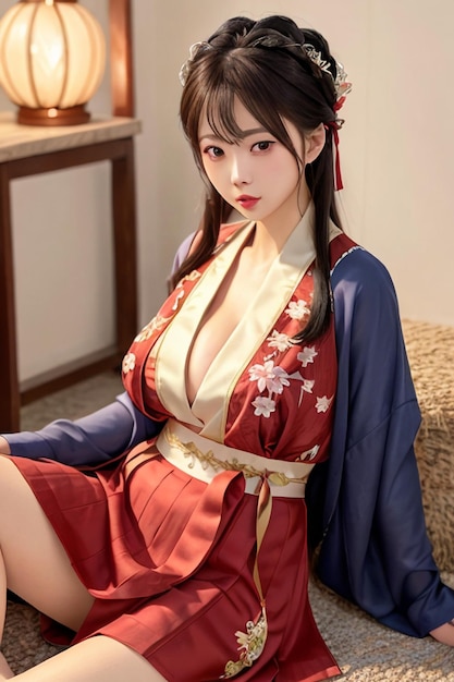 Une fille en kimono est assise sur un canapé.