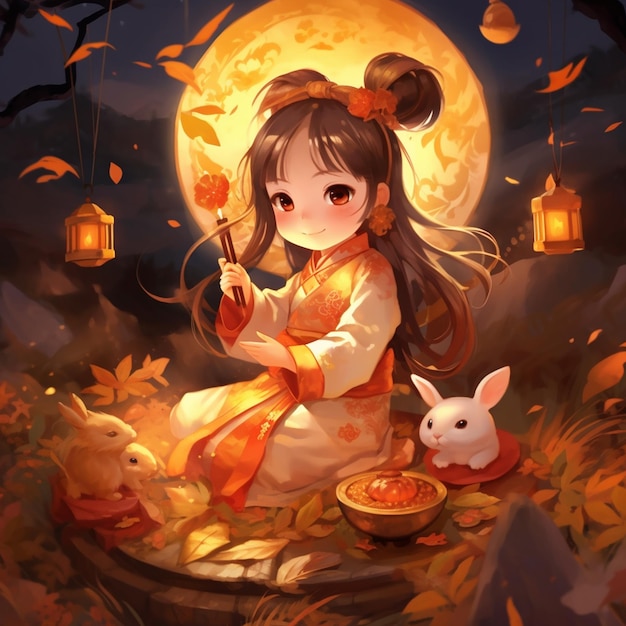 une fille en kimono est assise devant une pleine lune avec un lapin et un bol de nouilles.