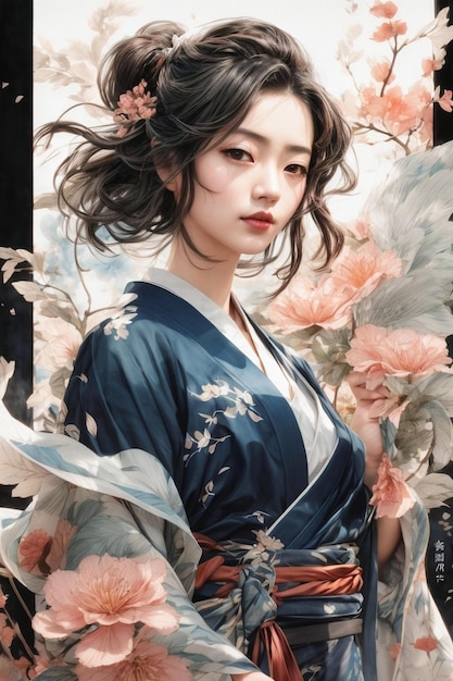 une fille en kimono avec une fleur dans les cheveux