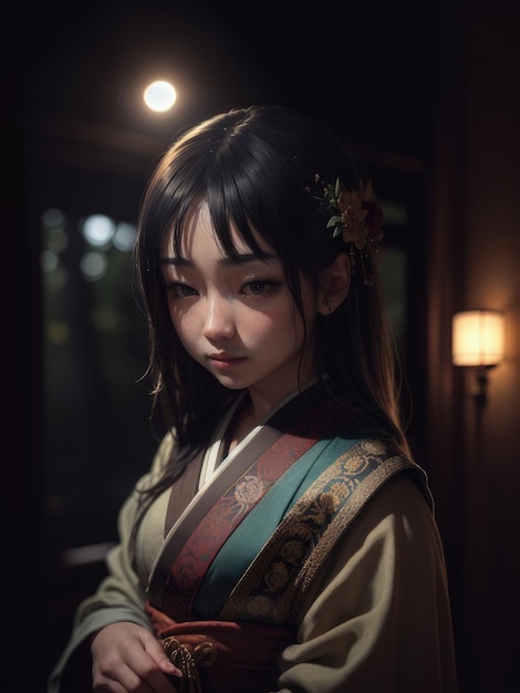 Une fille en kimono avec le nom'g'sur le devant