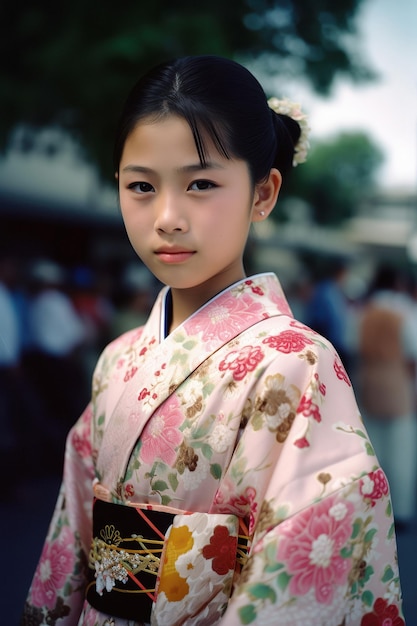 Une fille en kimono rose avec une fleur sur la tête.