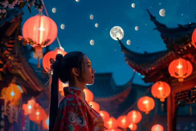 une fille en kimono se tient devant un temple avec des lanternes en arrière-plan