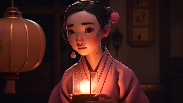 Une fille en kimono tient une lanterne devant un miroir.