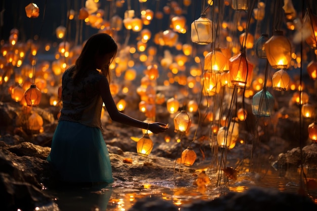 Une fille avec des lanternes dans le style batik de nuit