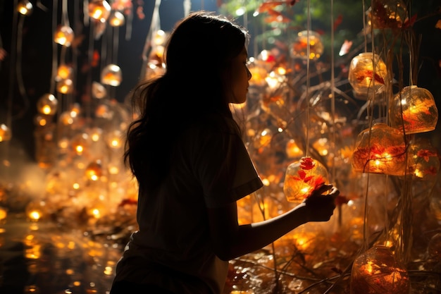 Une fille avec des lanternes dans le style batik de nuit