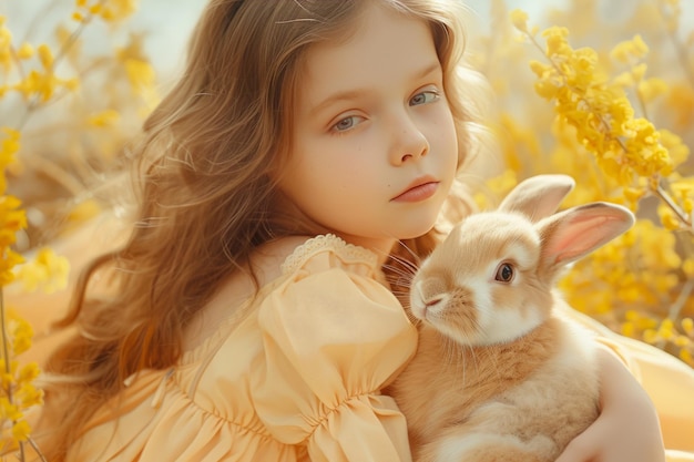 Une fille avec un lapin de Pâques arrière-plan de couleur pêche Bonne idée de carte de Pâque Une fille qui serre un lapin