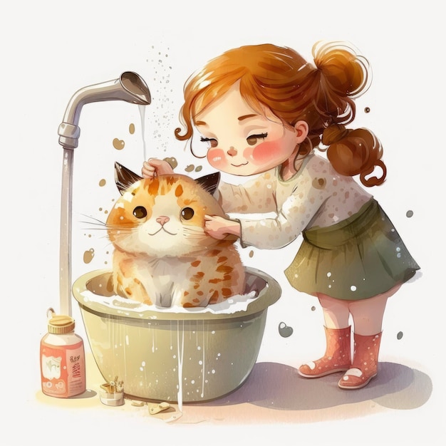 Une fille lave un chat dans une baignoire.