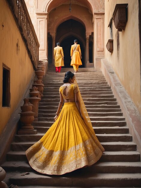 Photo une fille en lehenga jaune descend les escaliers royaux suivie de nombreux hommes de l'armée