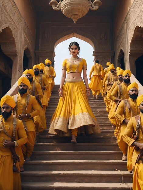 Photo une fille en lehenga jaune descend les escaliers royaux suivie de nombreux hommes de l'armée