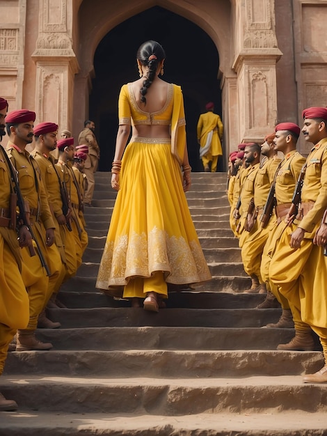 Photo une fille en lehenga jaune descend les escaliers royaux suivie de nombreux hommes de l'armée