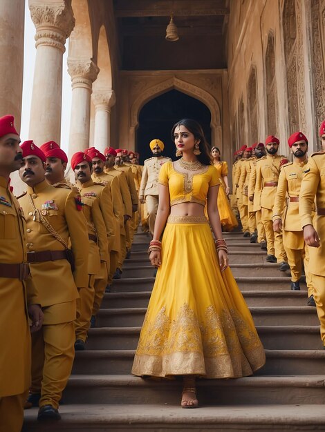 Photo une fille en lehenga jaune descend les escaliers royaux suivie de nombreux hommes de l'armée