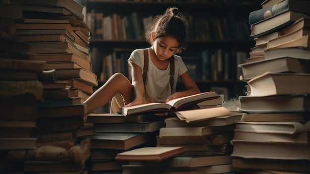 Une fille lisant un livre dans une bibliothèque