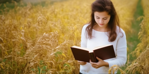 Une fille lisant un livre dans un champ de blé