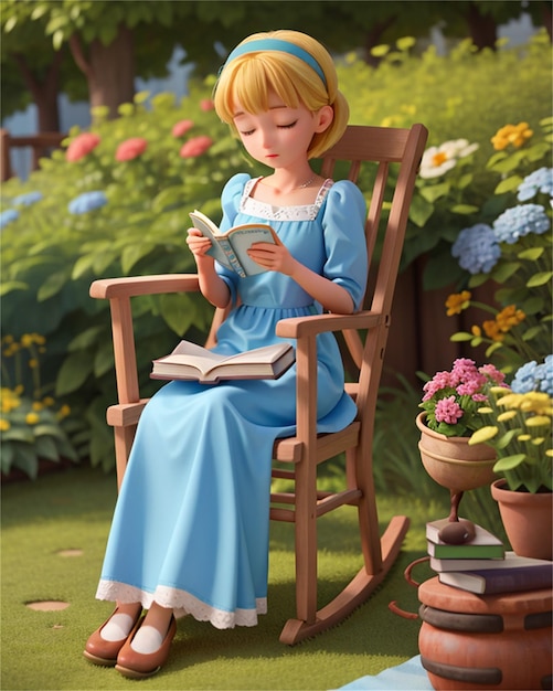 une fille lisant un livre dans un jardin.