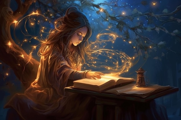 Une fille lisant un livre magique la nuit