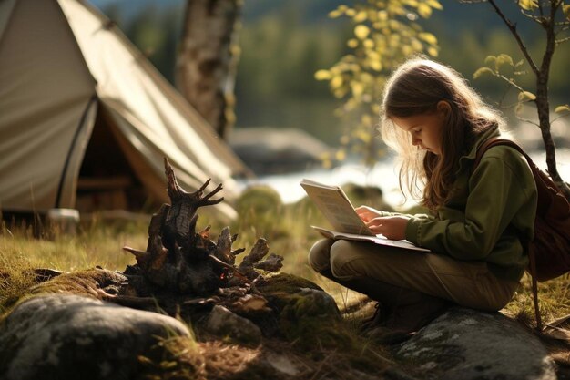 Une fille lisant un livre près d'un feu de camp