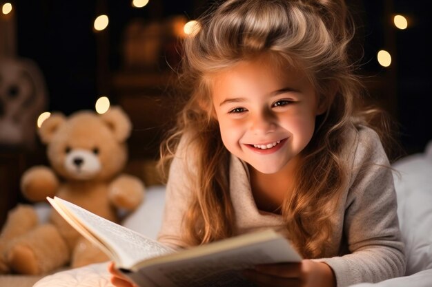 Une fille lit un livre avant d'aller se coucher.