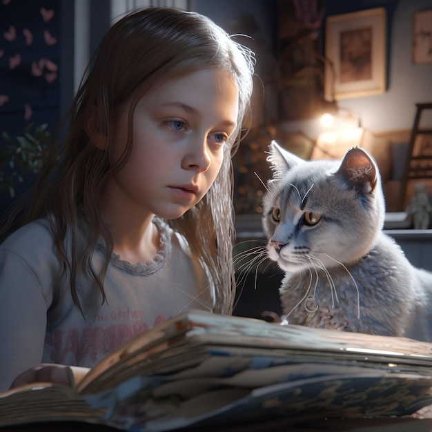 Une fille lit un livre avec un chat sur le devant.