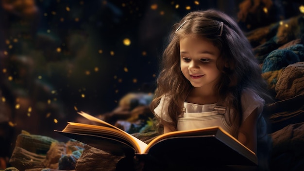 Photo une fille lit un livre magique et fantasme sur generation ai