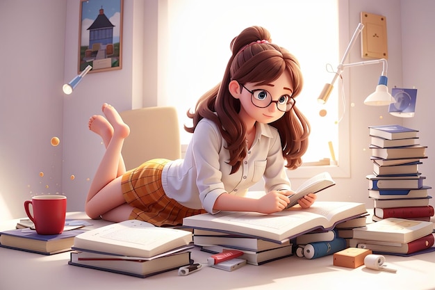 Une fille lit des livres sur fond blanc