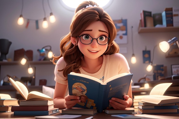 Une fille lit des livres sur fond blanc