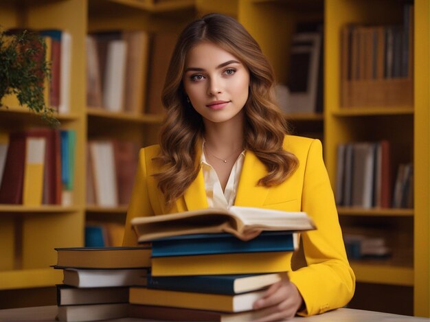 Une fille avec des livres et des fichiers portant un costume jaune vif et un fond de bibliothèque jaune