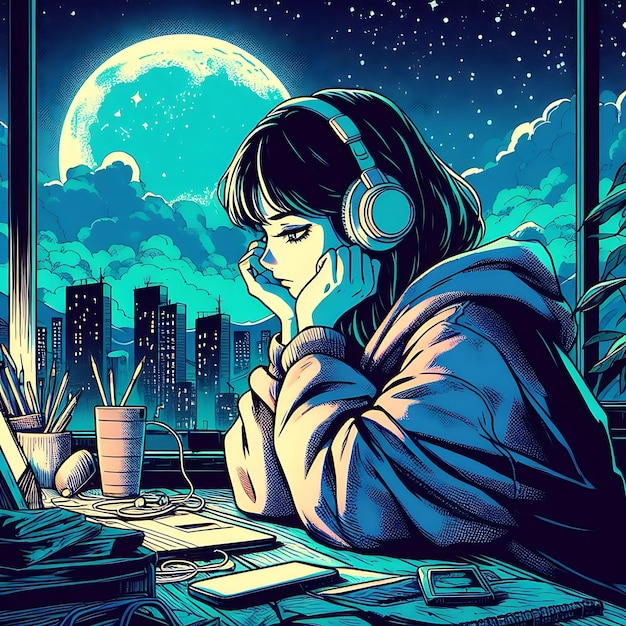 La fille de Lofi étudie à son bureau.