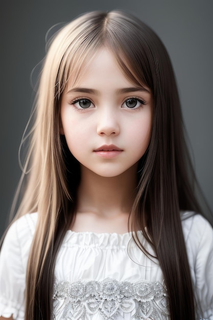 Une fille avec de longs cheveux bruns et une chemise blanche.