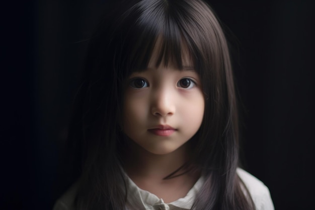 Une fille avec de longs cheveux noirs et une chemise blanche