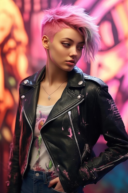 Une fille avec un look inspiré d'un jeu de mots portant une veste en cuir