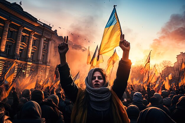 Photo fille lors d'un rassemblement tenant le drapeau ukrainien contre la guerre