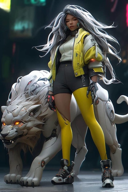 Une fille avec un loup blanc et une veste jaune.