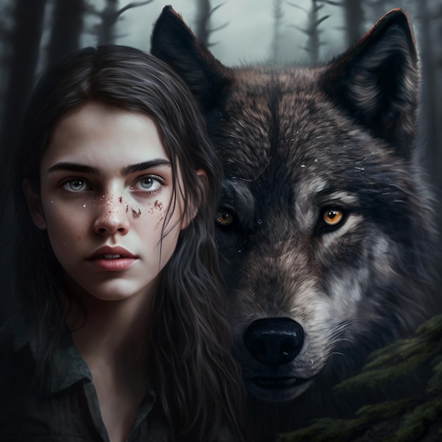 Photo une fille et un loup sont dans les bois avec le loup en arrière-plan.