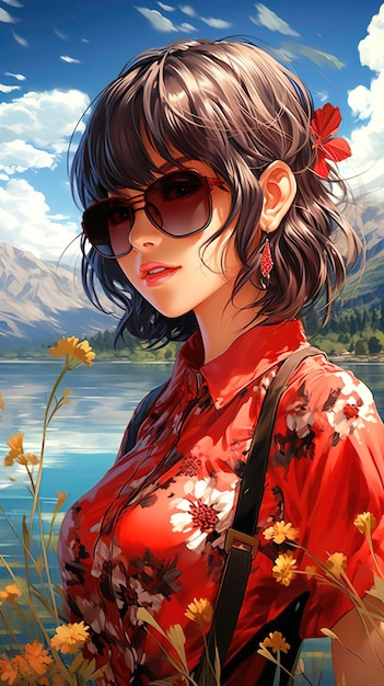 une fille avec des lunettes au bord du lac