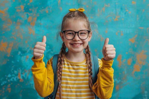 Photo une fille avec des lunettes et une chemise jaune qui dit pouce haut