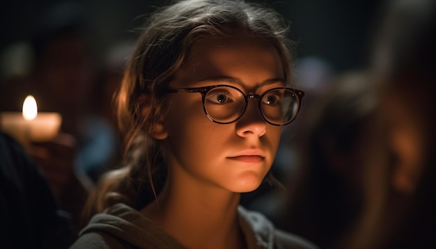 Une fille avec des lunettes dans une pièce sombre