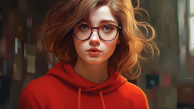 Une fille avec des lunettes et un pull rouge