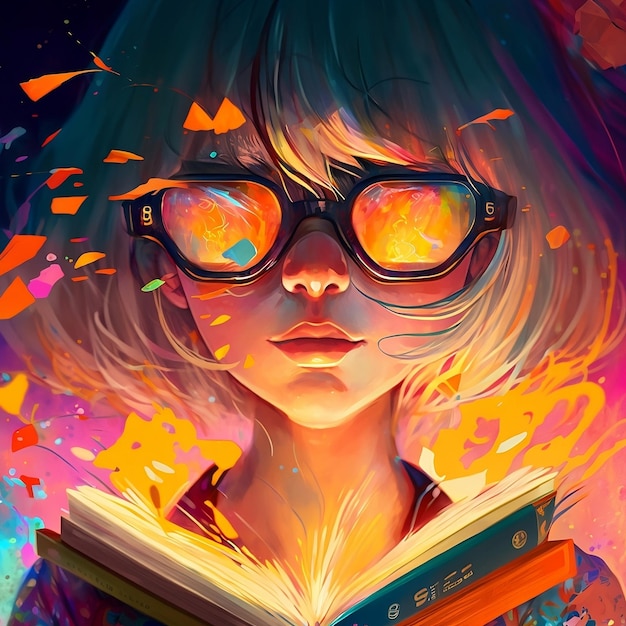 Une fille avec des lunettes qui lit un livre.