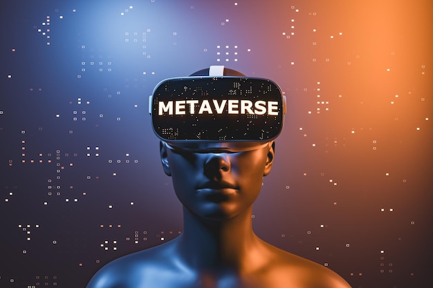 Fille avec des lunettes de réalité virtuelle avec le mot METAVERSE