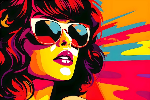 Photo fille avec des lunettes de soleil vector mouvement d'art pop vibrant des années 60 avec des couleurs audacieuses image emblématique