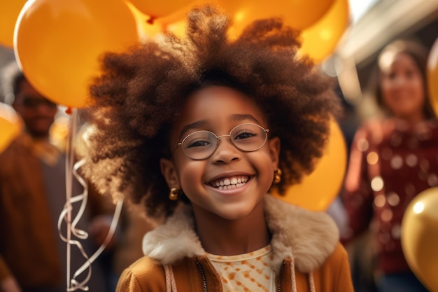 Une fille avec des lunettes sourit devant des ballons