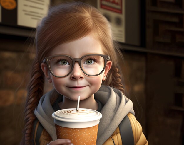 Une fille avec des lunettes et une tasse de café