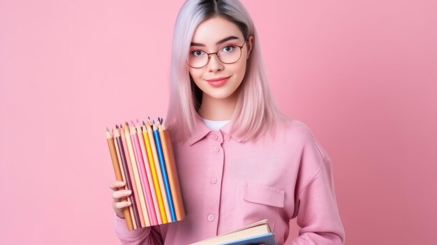 Une fille avec des lunettes tenant un livre et un fond rose