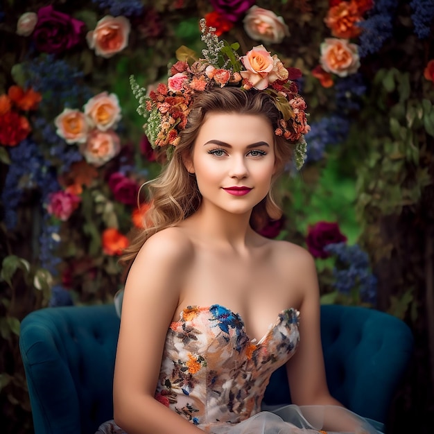 Une fille magnifique dans une robe colorée et une couronne florale posant pour la caméra sur le thème floral