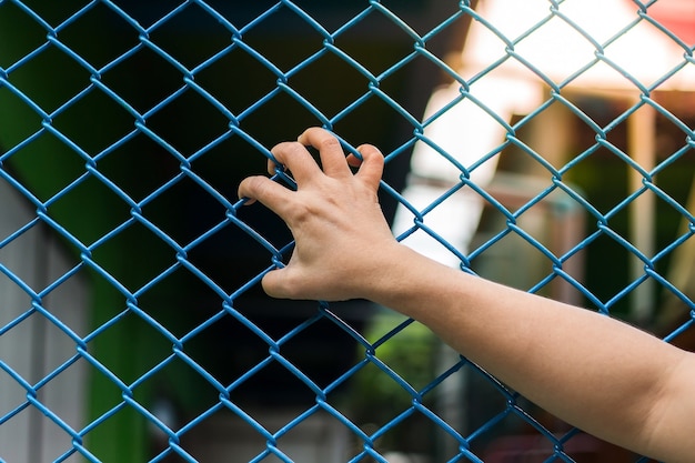 Fille mains sur le grillage, concept de liberté