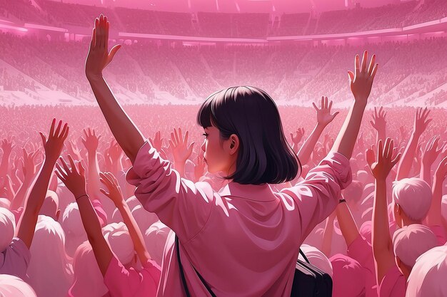 Photo la fille avec les mains levées en l'air devant une foule rose dans le style d'illustration politique ia générative