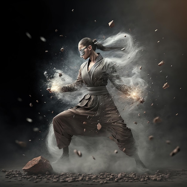 Fille maître de kung fu brandissant le pouvoir des éléments de l'illustration 3D de la terre