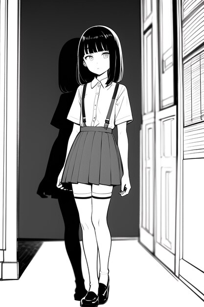 Fille manga noir et blanc avec des bretelles sur sa chemise et une chemise qui dit "la fille porte des bretelles"