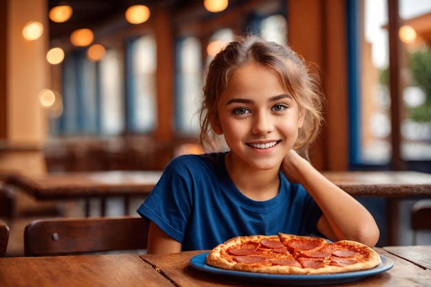 Fille mangeant de la pizza dans un café nourriture malsaine t-shirt bleu